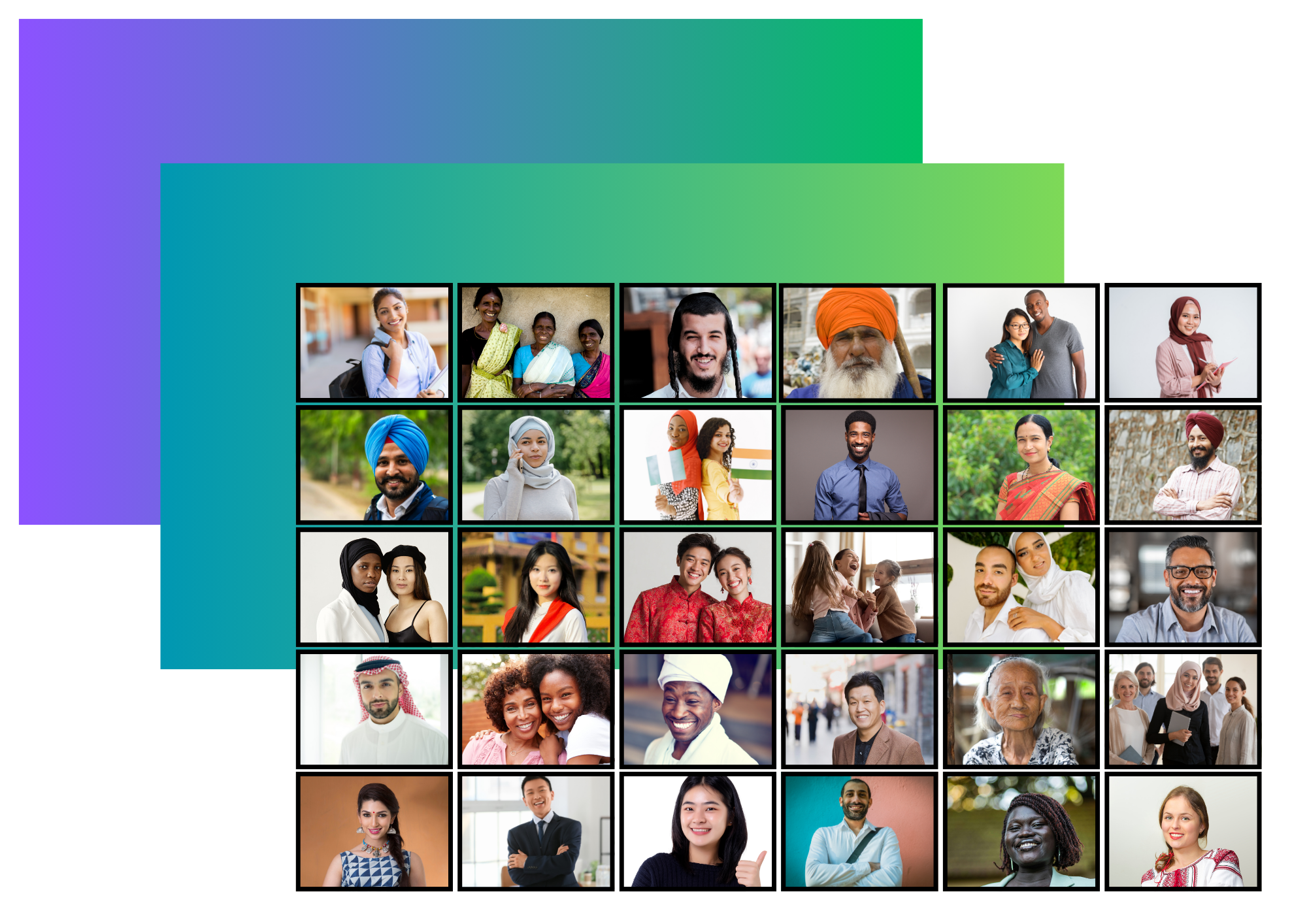 Collage of diverse people from multiple ethnic backgrounds and ages, including men, women, and children, smiling and posing. The background is a colorful gradient.