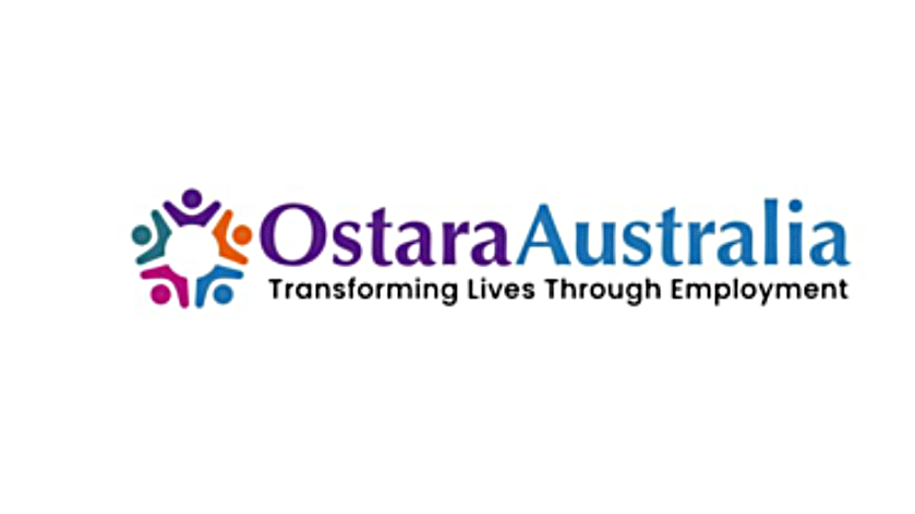 Ostara Australia logo with colorful abstract human figures and the tagline "Transforming Lives Through Employment."