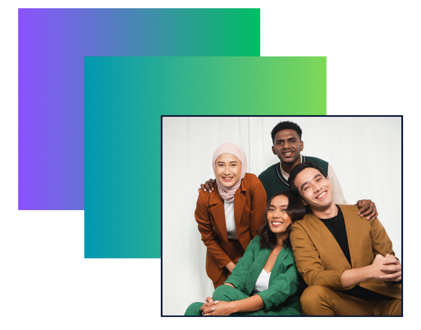 A diverse group of six young adults posing together indoors, smiling, with white background.