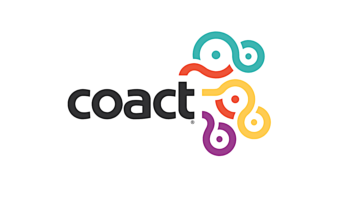 Colorful abstract logo with five swirl shapes in teal, red, yellow, purple, and black, next to the word 'coact' in black lowercase letters.