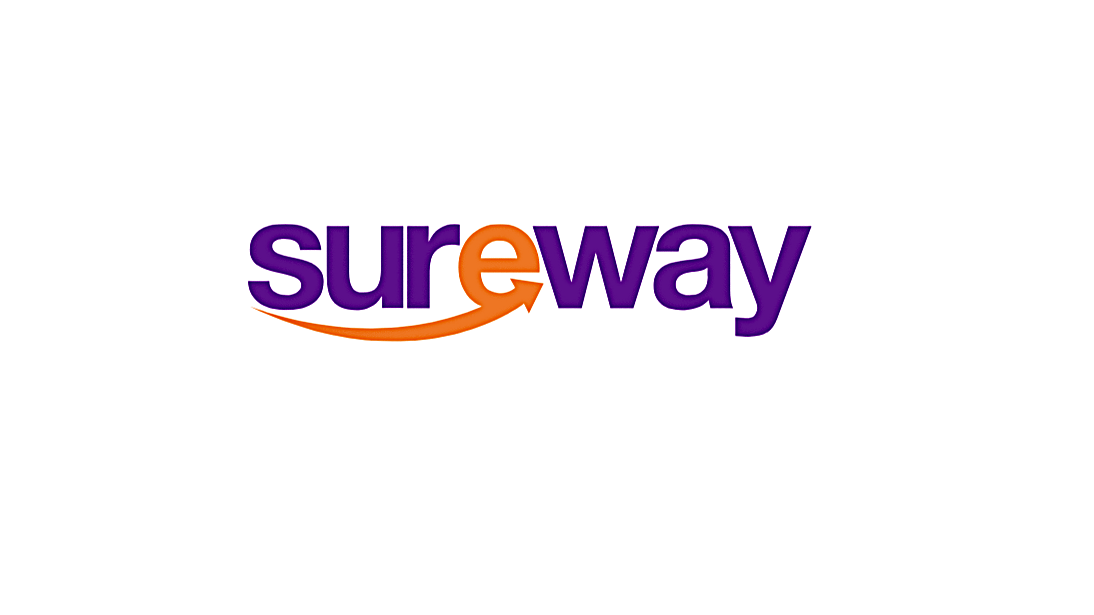 Sureway logo with purple text and orange arrow underline