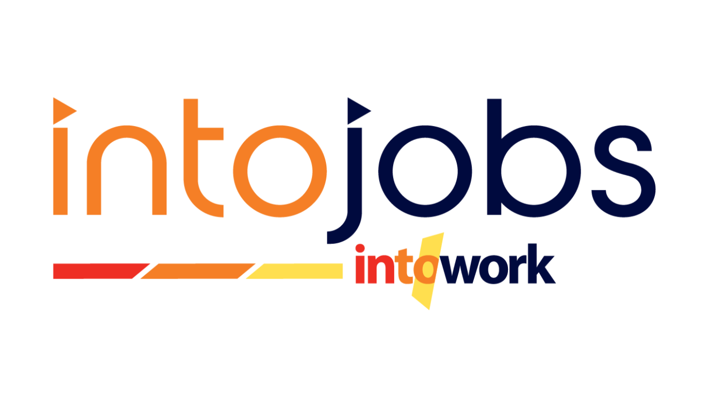 Logo of the company 'intojobs' with the tagline 'into work' in colorful text on a white background.