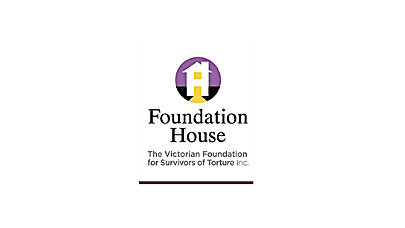Logo for Foundation House, featuring a house symbol with a purple and black background, and the text 'The Victorian Foundation for Survivors of Torture Inc.'