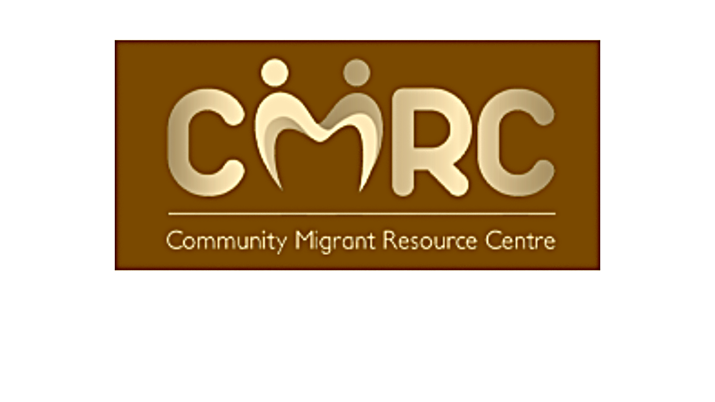 Logo for Community Migrant Resource Centre with the initials C M R C and a stylized heart shape connecting two figures, on a brown background.