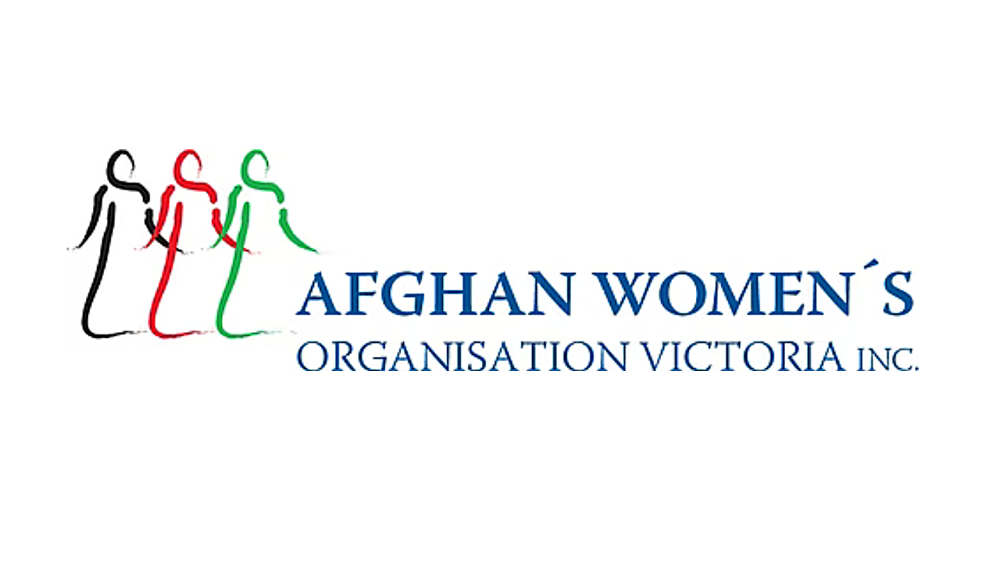 Logo of Afghan Women’s Organisation Victoria Inc., featuring stylized sketches of three women in black, red, and green, with the organization's name in blue text.