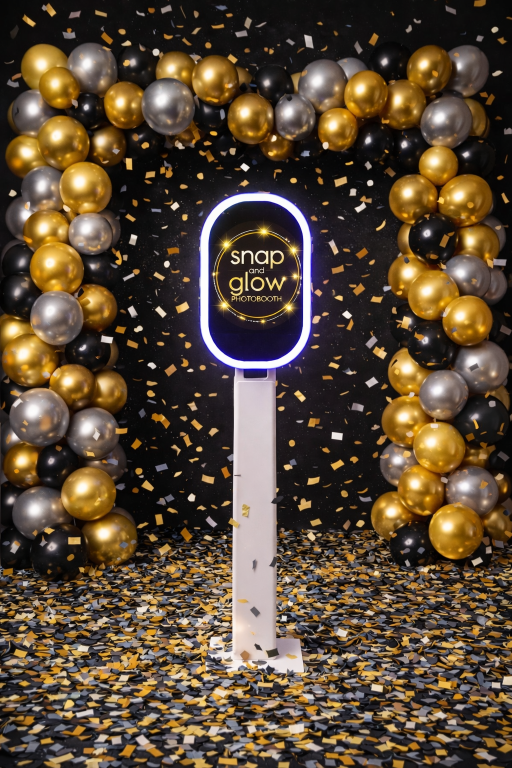 Photo booth with illuminated sign that says "snap and glow PHOTOBOOTH" surrounded by gold, silver, and black balloons, with gold, black, and silver confetti falling and scattered on the floor.