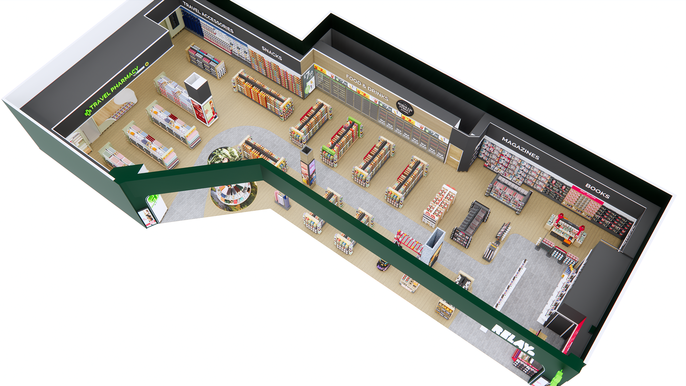 Interior view of a bookstore or retail store with sections for travel accessories, snacks, food and drinks, magazines, and books, along with a play area near the entrance.