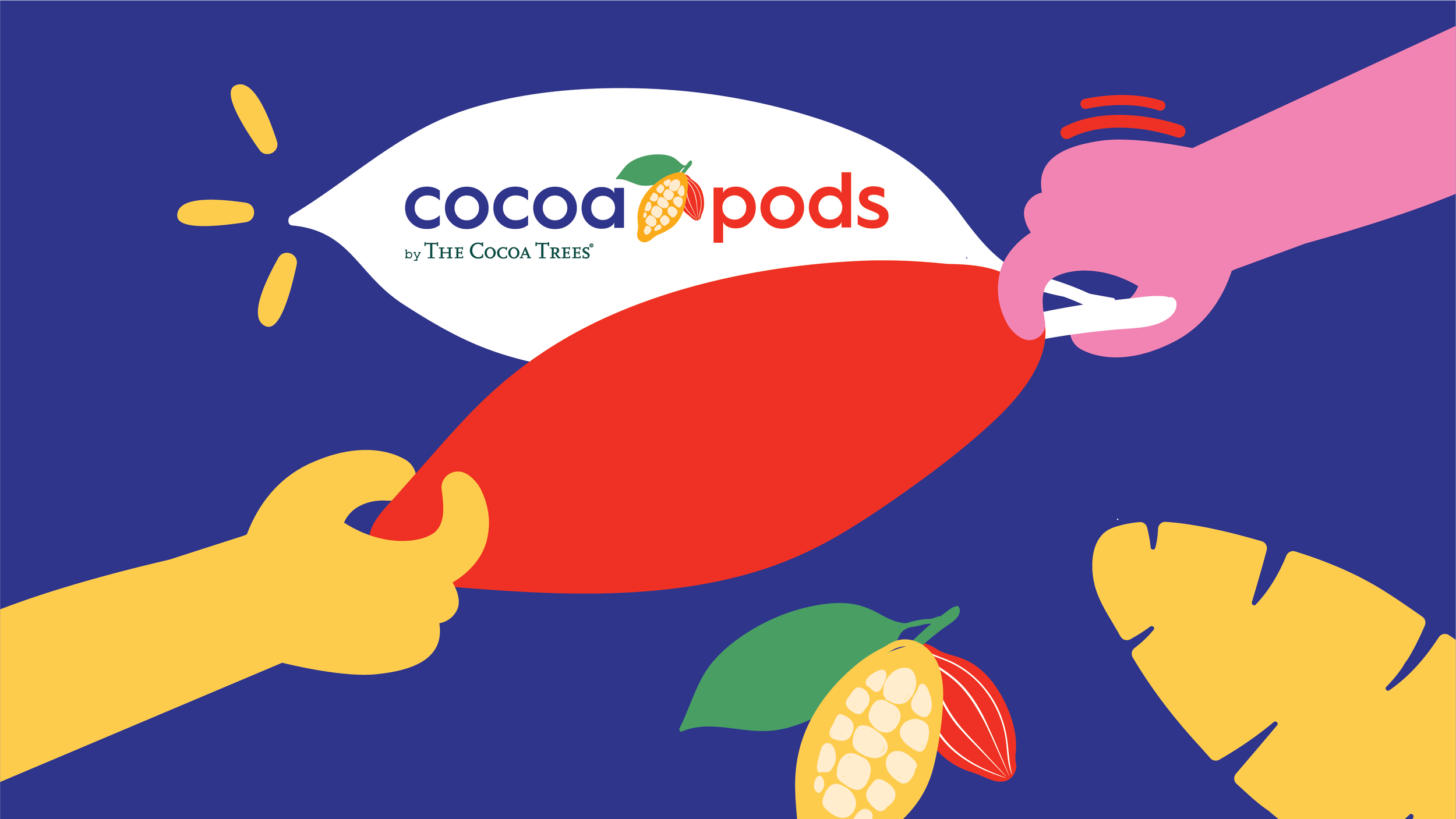 Illustration of hands holding a red cocoa pod with the Coco Pods logo and a cocoa bean in the background
