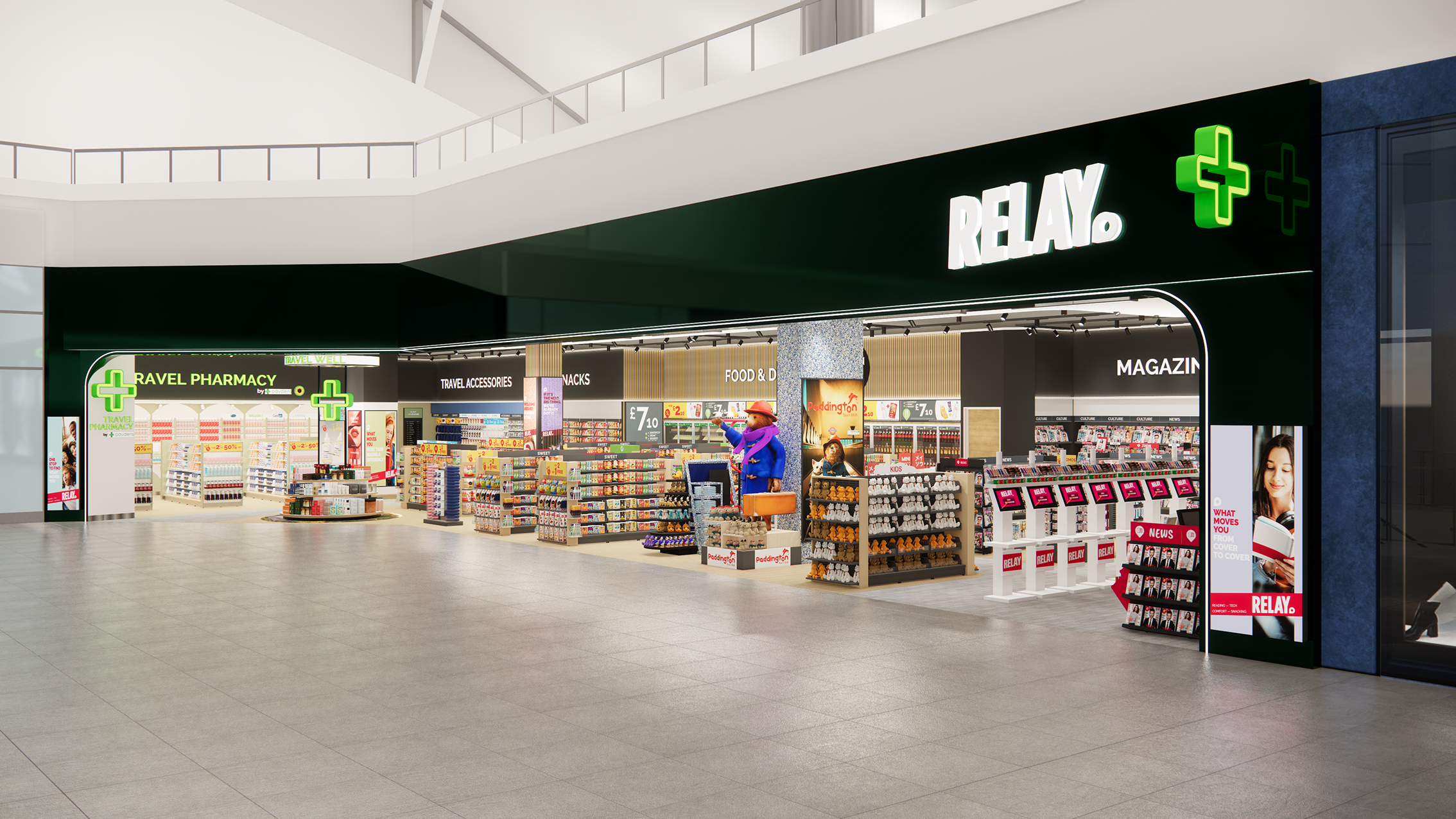 Inside a pharmacy at a shopping mall, with shelves stocked with various products and signage for sections like travel accessories, snacks, food and drinks, and magazines. The store has a black exterior with green medical cross symbols and illuminated white signage reading 'RELAY'.