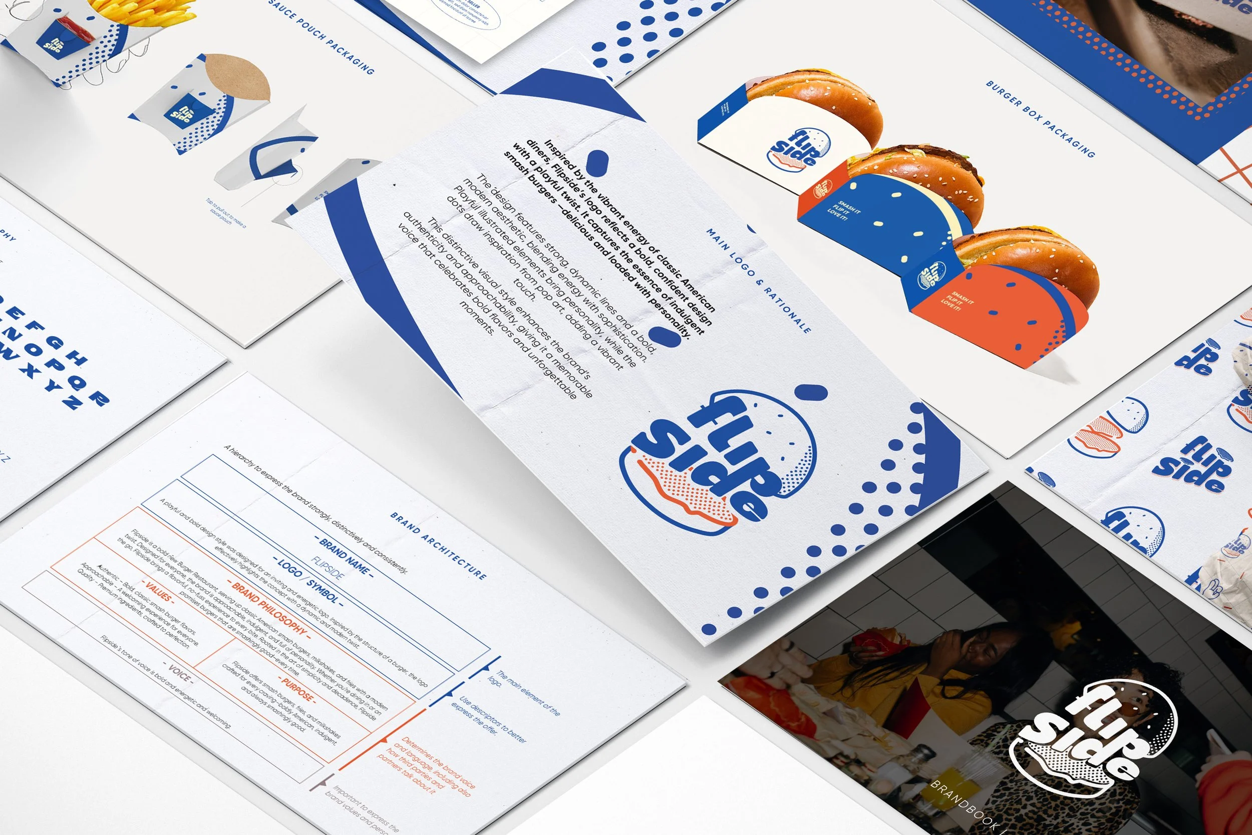 Brand packaging design for Flip Side, featuring burger-themed takeaway boxes, promotional flyers, and a digital display with the Flip Side logo.