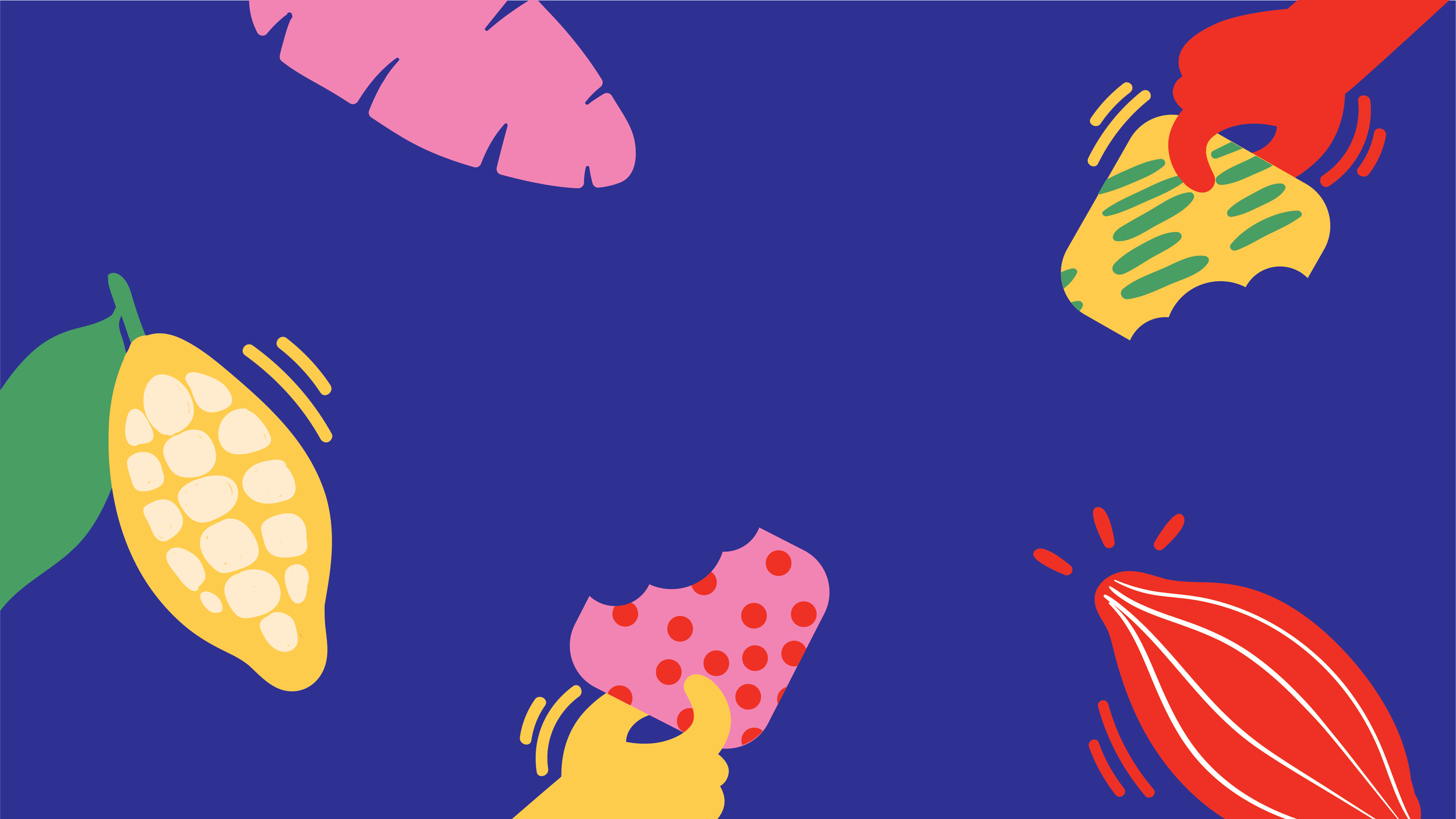 Abstract illustration of colorful fruits and vegetables on a dark blue background, including corn, onion, and other produce in a flat, graphic style.