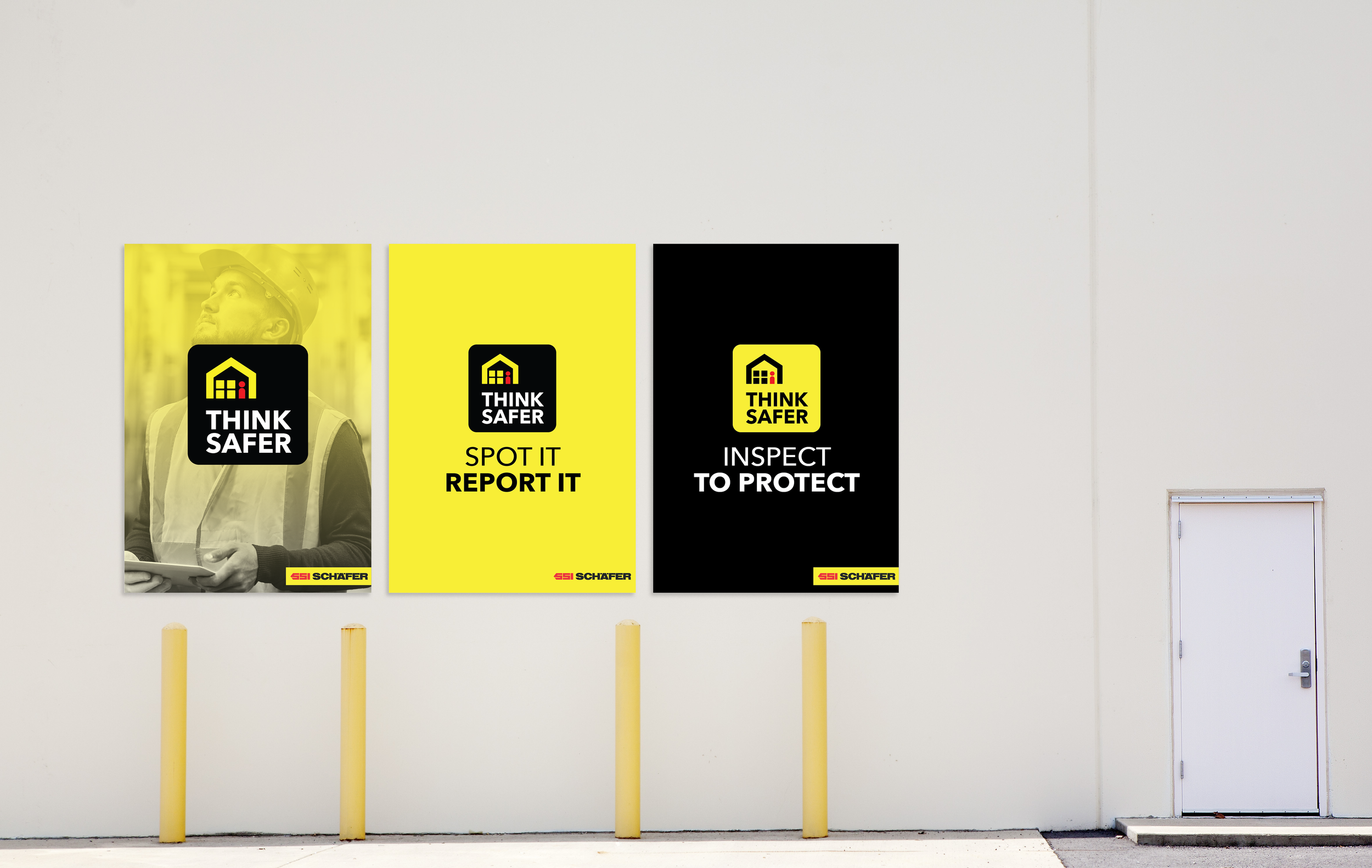 Three safety awareness posters on a white wall, with yellow posts in front. The first shows a man in a hard hat with the message 'THINK SAFER.' The second says 'SPOT IT REPORT IT,' and the third reads 'INSPECT TO PROTECT.'