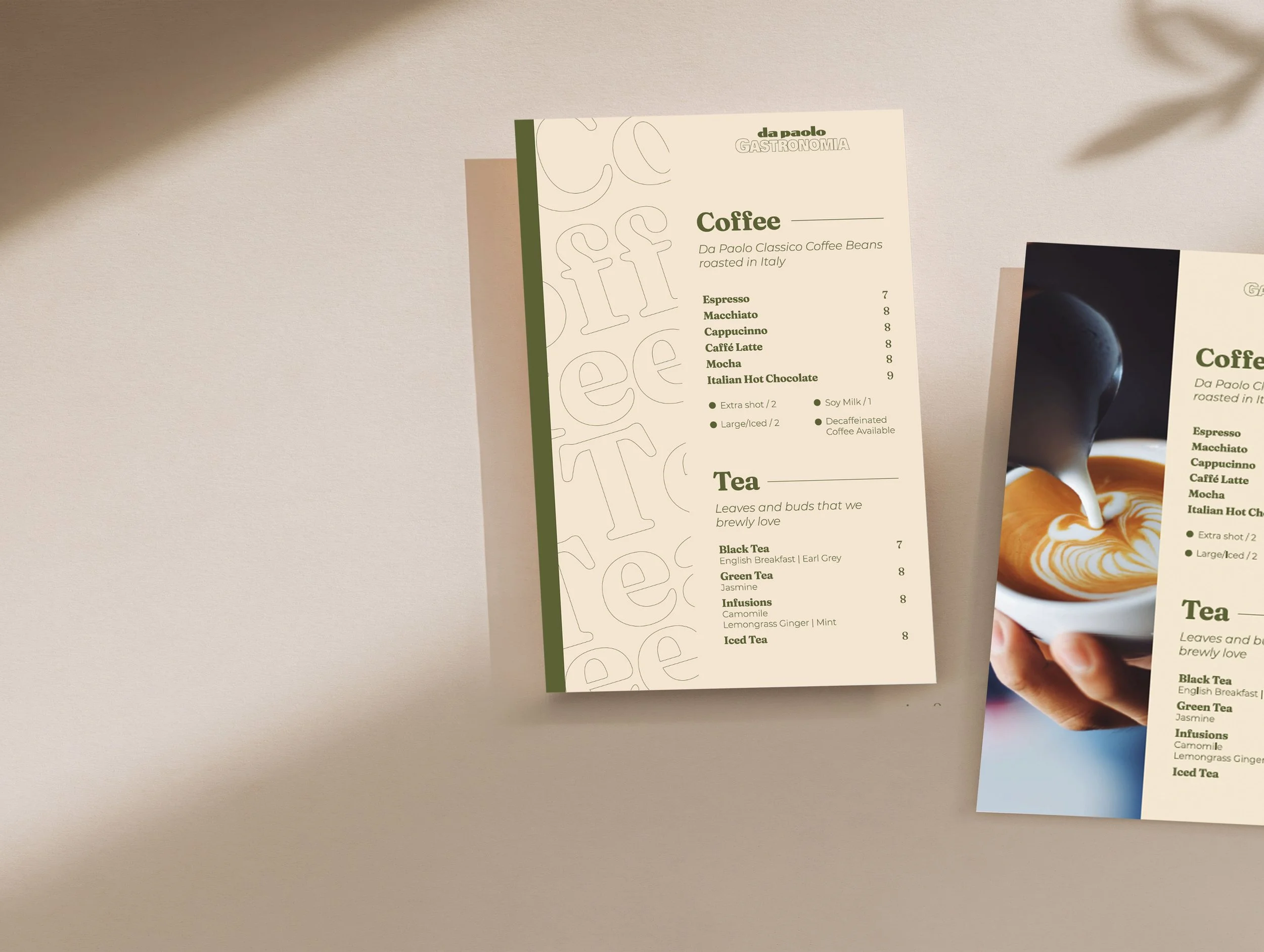 A menu featuring coffee and tea options, with a photo of coffee being poured into a cup, held by a person's hand.