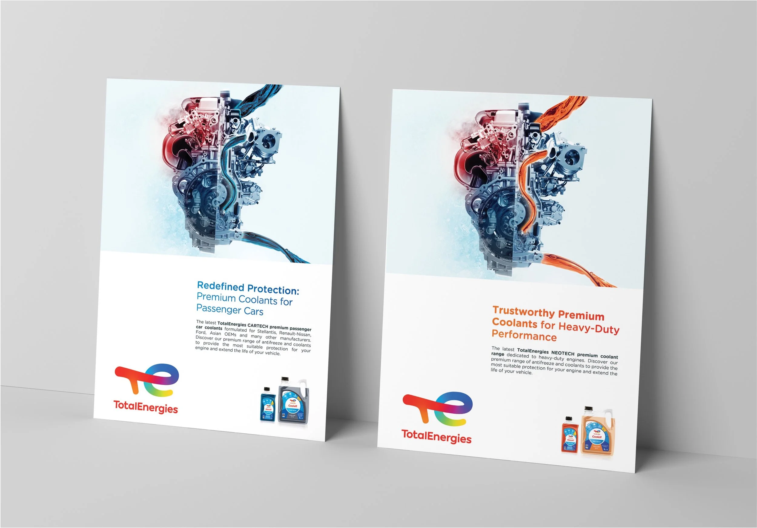 Two promotional posters for car coolants by TotalEnergies, featuring engine graphics and coolant product bottles at the bottom, with one emphasizing protection for passenger cars and the other heavy-duty performance.