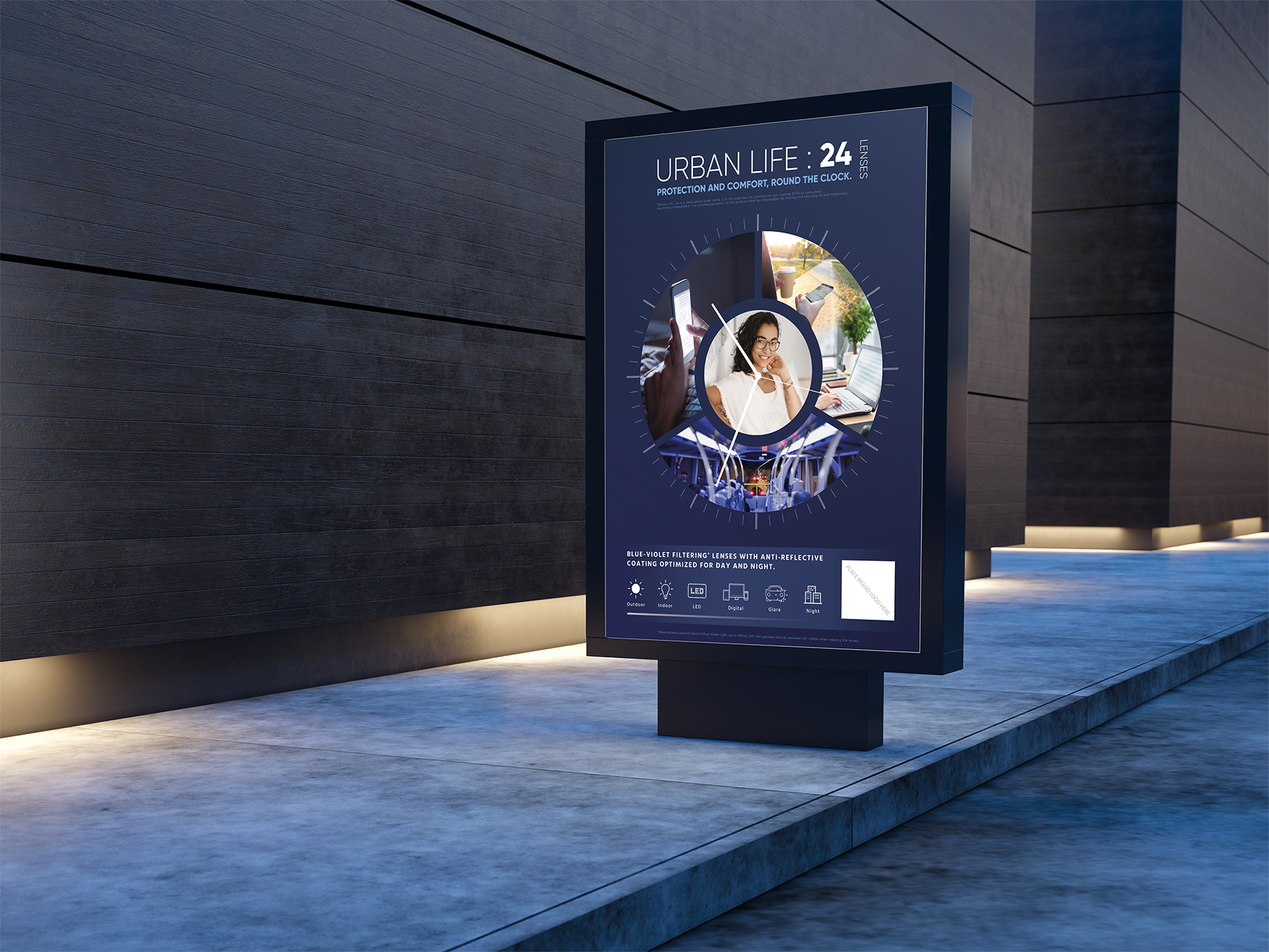 Outdoor digital billboard advertising UV filter sunglasses, featuring a central photo of a smiling woman wearing glasses, surrounded by smaller images of people using smartphones and other devices, with text highlighting features like anti-reflective coating and suitability for day and night use.