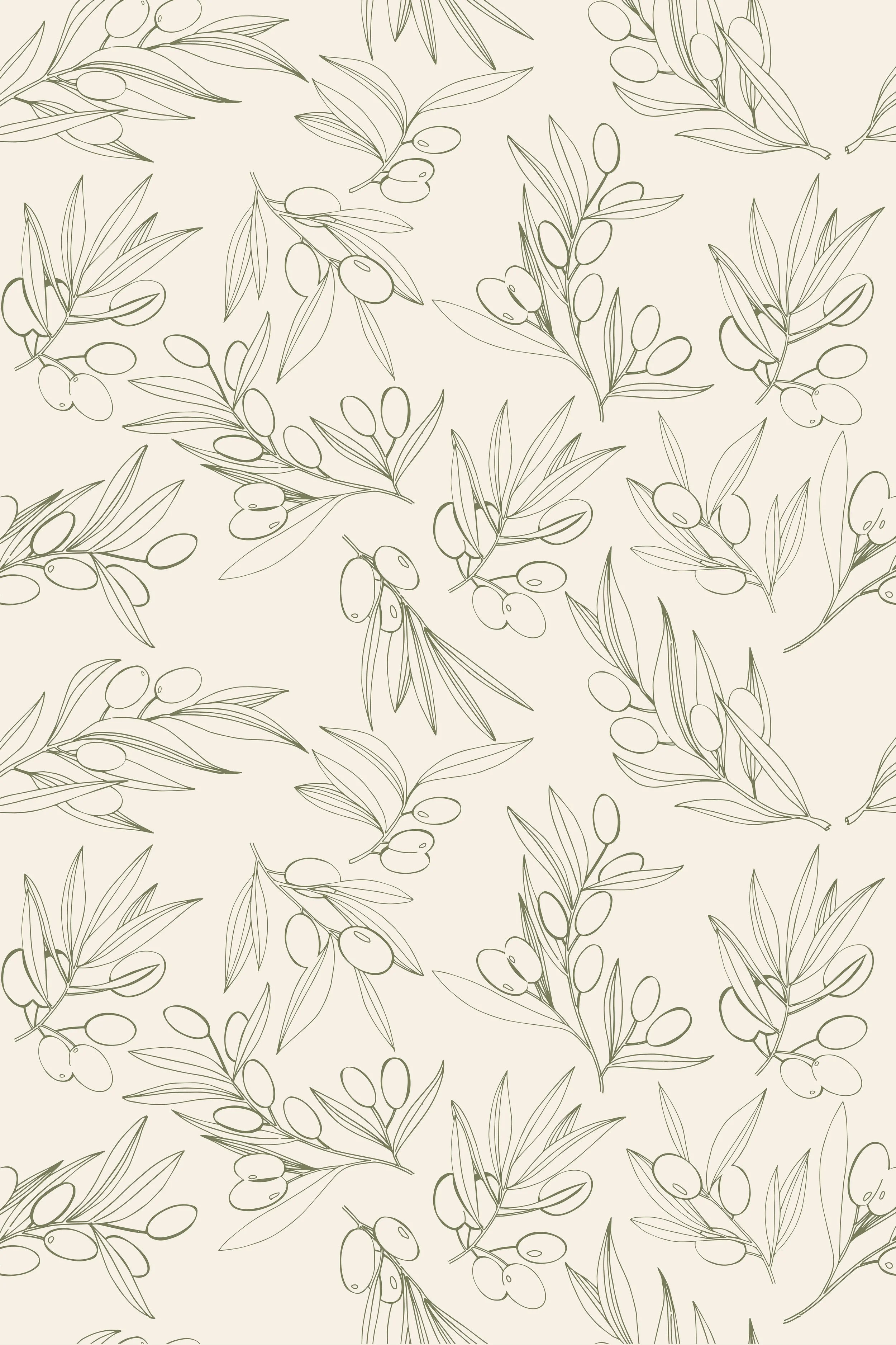 Seamless pattern of olive branches with leaves and olives on a light background.