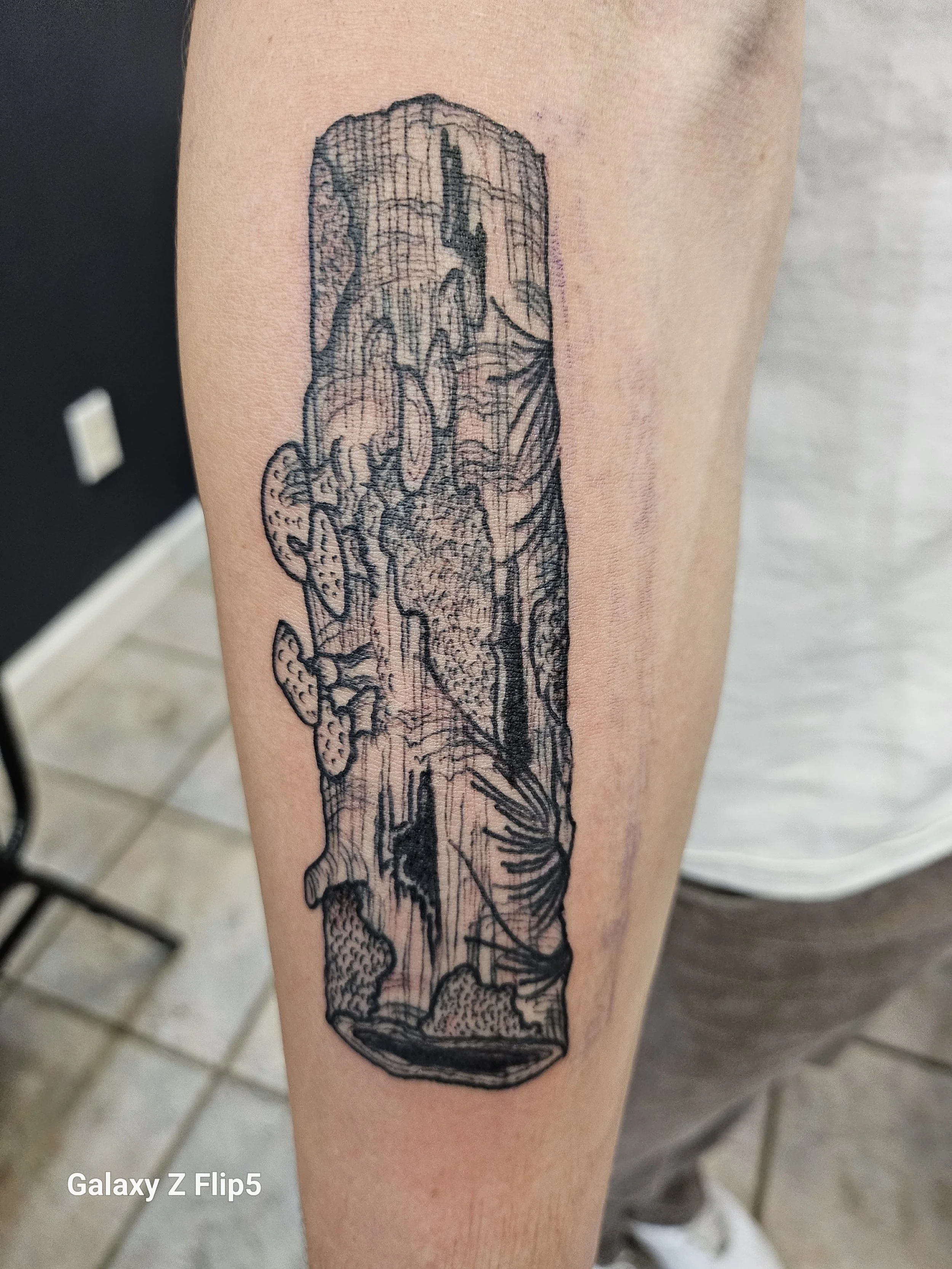 Line art tattoo of a tree trunk with mushrooms and foliage on a person's forearm.