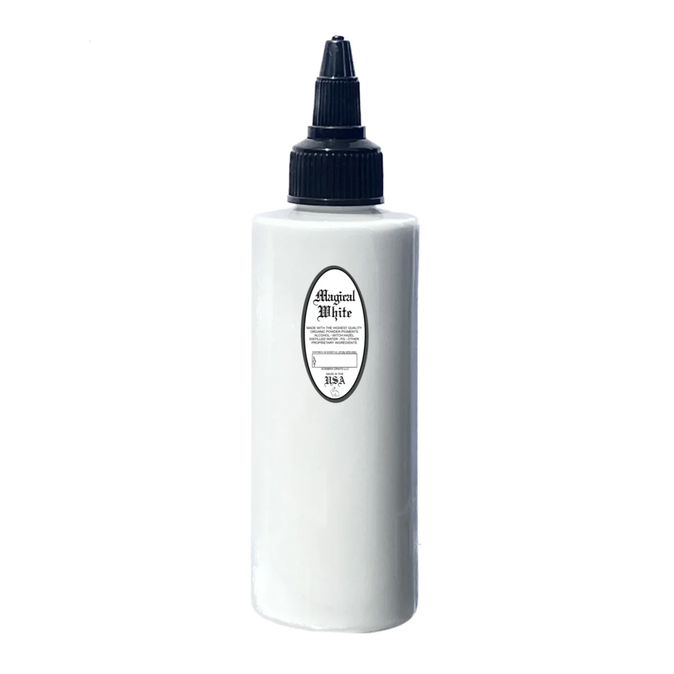 Magical White is a really strong white. It's great for the finishing highlights or white outline tattoos and will lay over black.
4 oz. $45.00