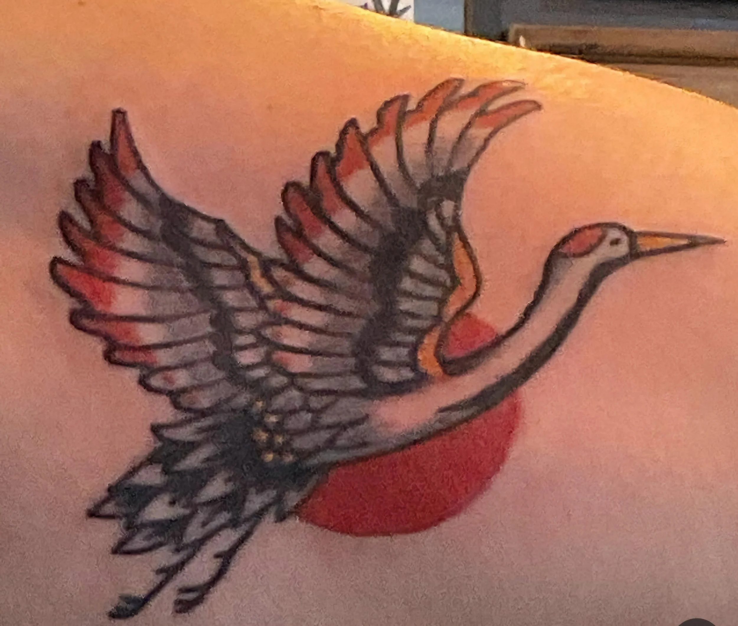 A tattoo of a flying bird, possibly a swallow or a similar bird, with its wings spread, outlined in black and shaded with red and gray, on a person's skin.