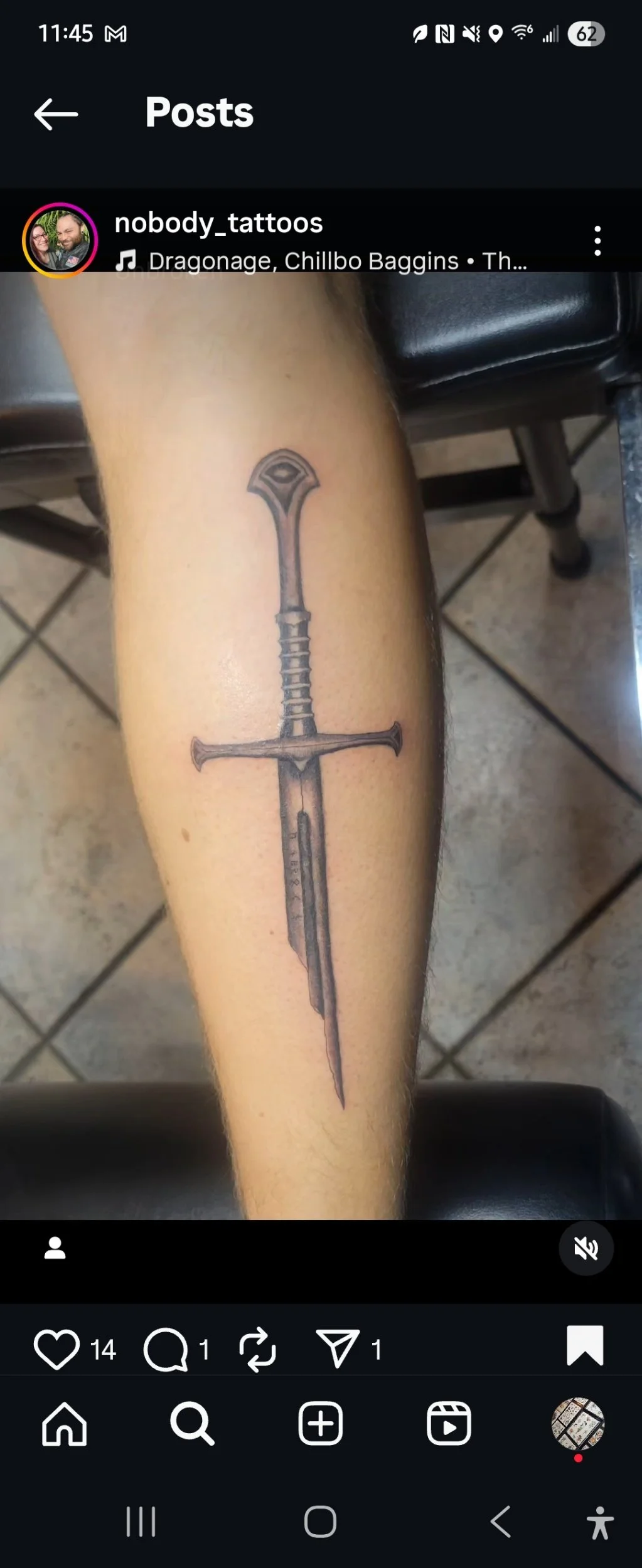 Tattoo of a sword on a person's forearm with a detailed hilt and blade.
