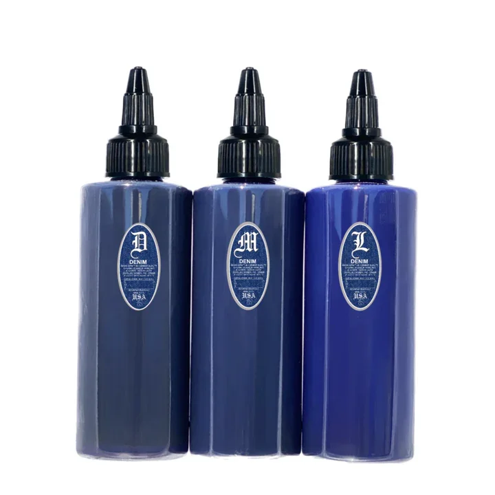 Our Denim was is like a tube watercolor Paynes Gray. It is our classic wash set with a really cool blue that really shines when all 3 are used. The light is where you really see the blue in a subtle vintage tone. Great for setting a different feel to