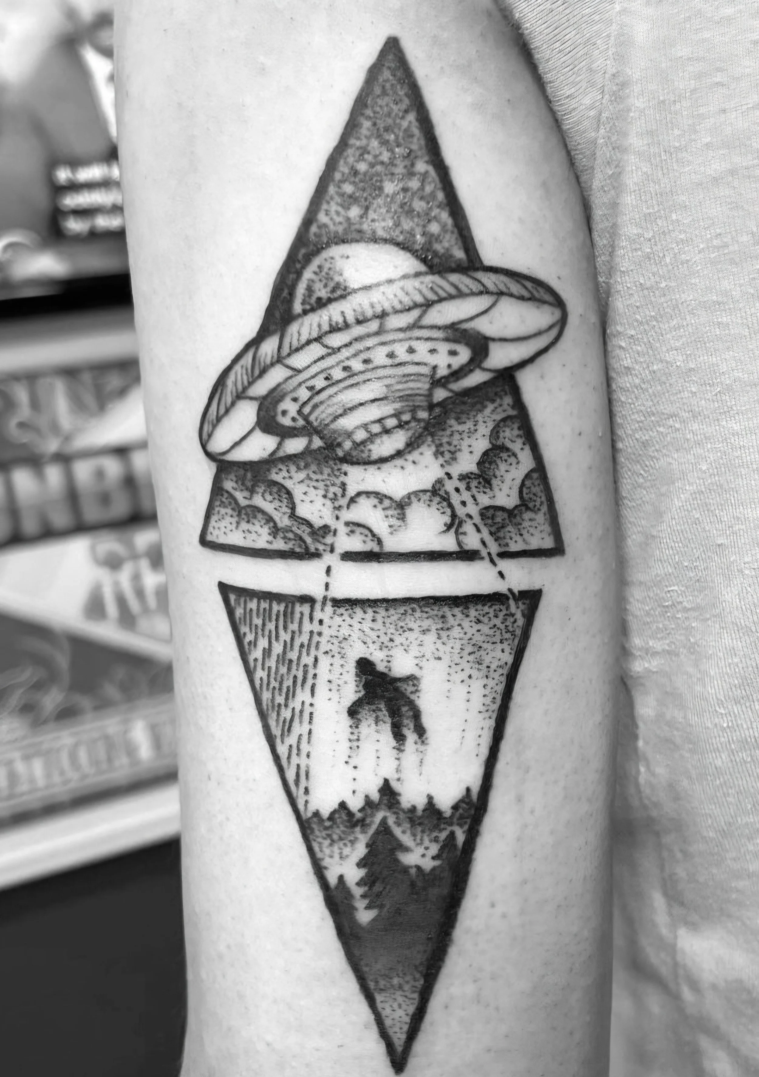 Tattoo of a mushroom with a geometric background, divided into an upper and lower section, featuring a UFO and a flying figure among trees.
