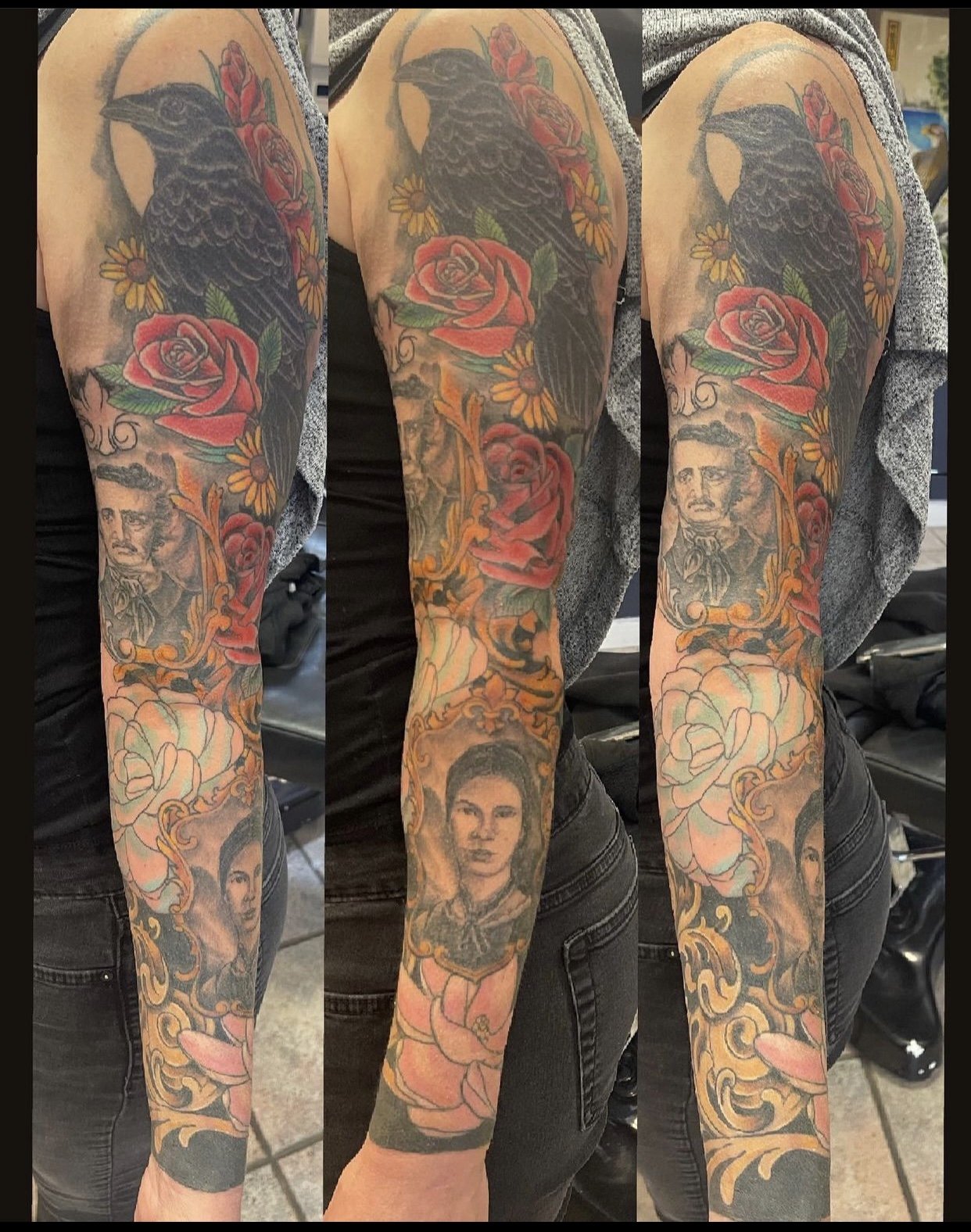Our own, Cursive's, arm sleeve, started 5 years before finish.  Portraits of EA Poe, and Emily Dickinson, flanked by a crow, filigree and roses.