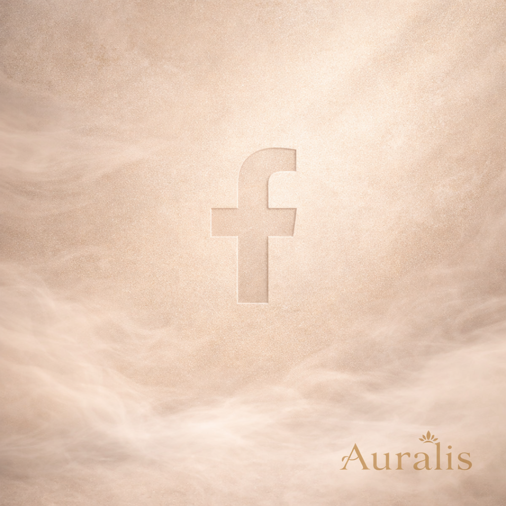 A beige background with a faint Facebook logo in the center and the word "Auralis" in the bottom right corner.