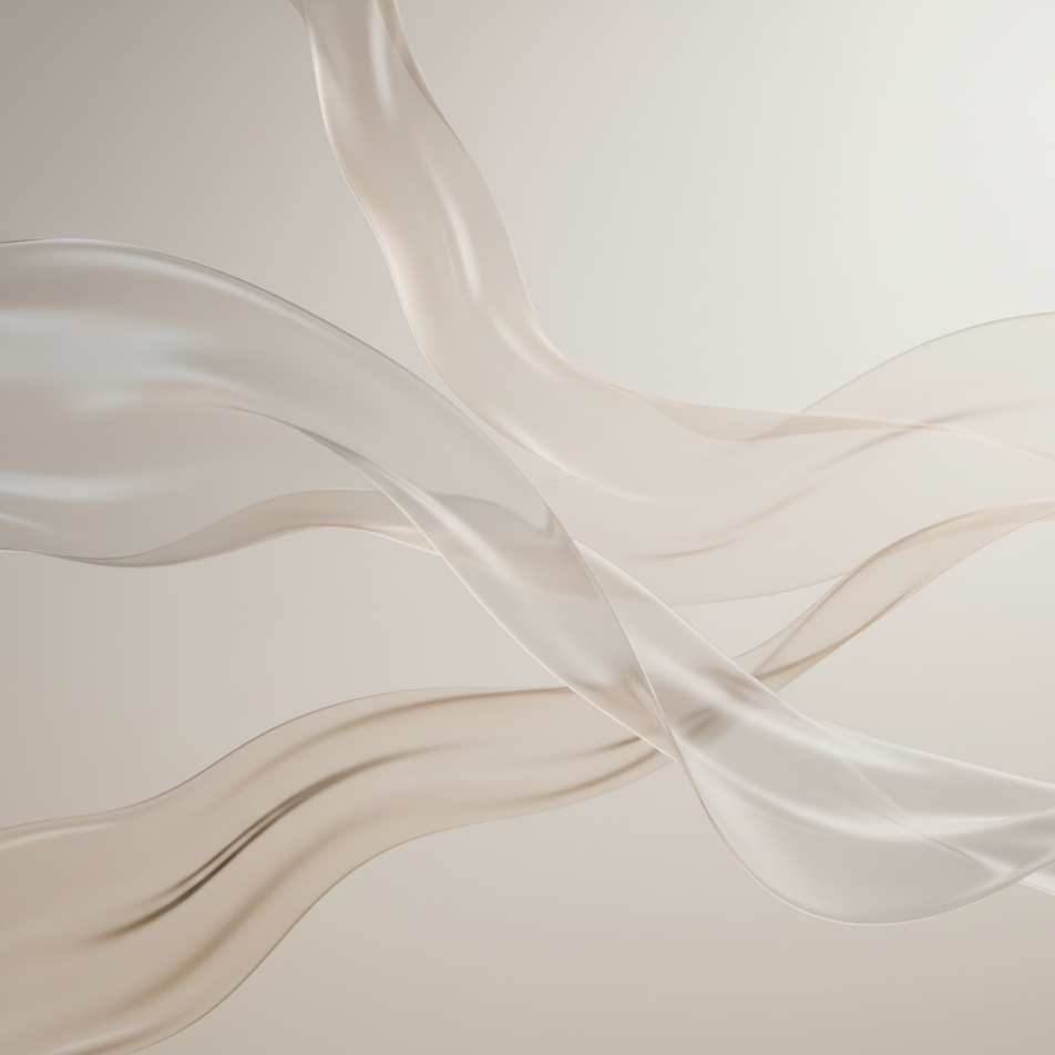 Abstract image of flowing, semi-transparent cream-colored ribbons or waves against a light background.