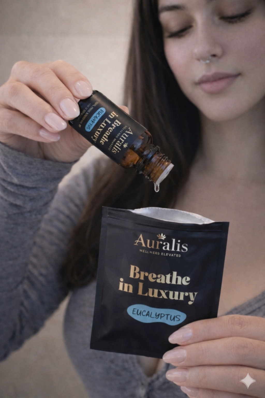 Woman applying AURALIS essential oil to nasal diffuser ring pouch to refresh scent