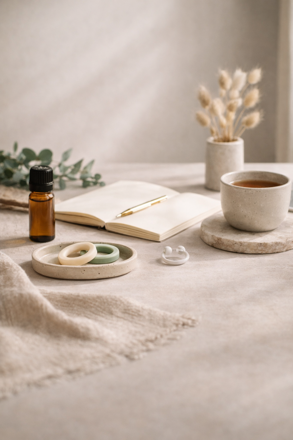 A cozy, minimalist workspace or vanity setup with a beige journal and a gold pen, a small bottle of essential oil, a white ceramic tray with three jewelry rings, a pair of white earrings, a cup of tea on a marble coaster, a potted plant with green leaves, a vase with dried beige flowers, and a soft beige cloth on a light-colored table.