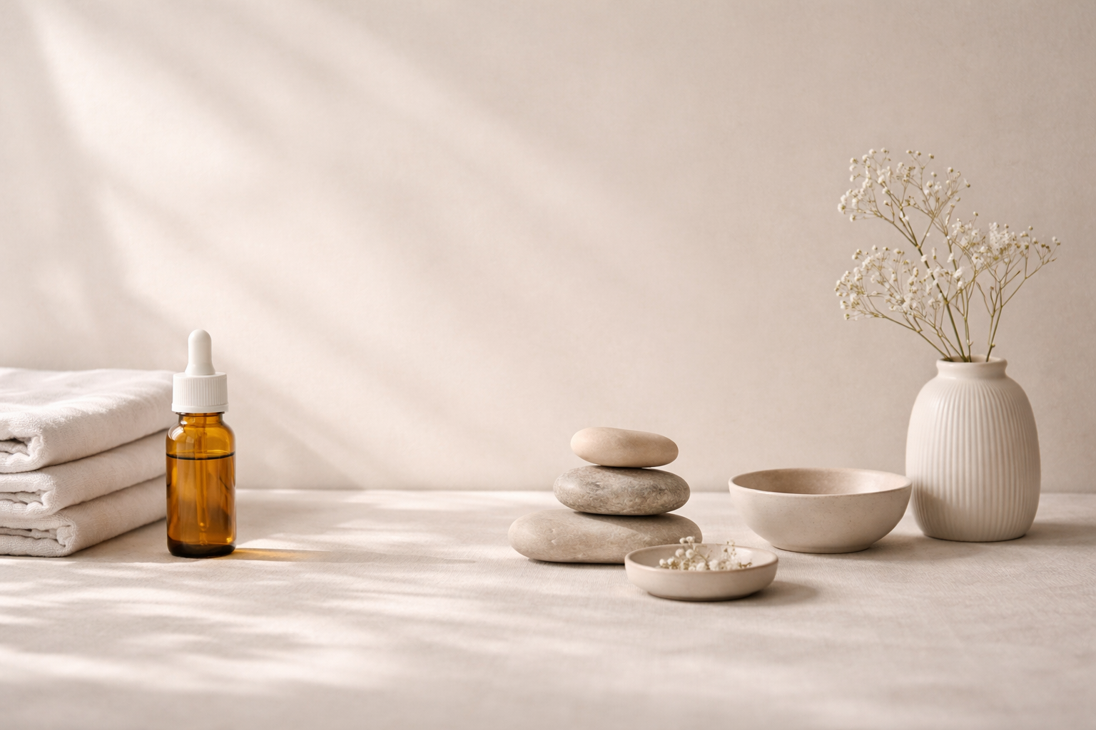 Minimalist scene with white towels, a small dropper bottle, a stack of four smooth stones, a small dish with flowers, a bowl, and a vase with white flowers, all on a neutral fabric surface.