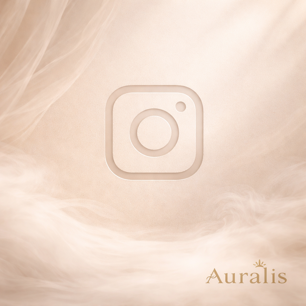 A beige background with soft, swirling smoke or clouds and the Instagram logo in the center. The word "Auralis" is in the bottom right corner in gold font.