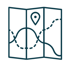 Graphic - Safari journey plan icon with map and location pin showing route for travel planning and guided adventure