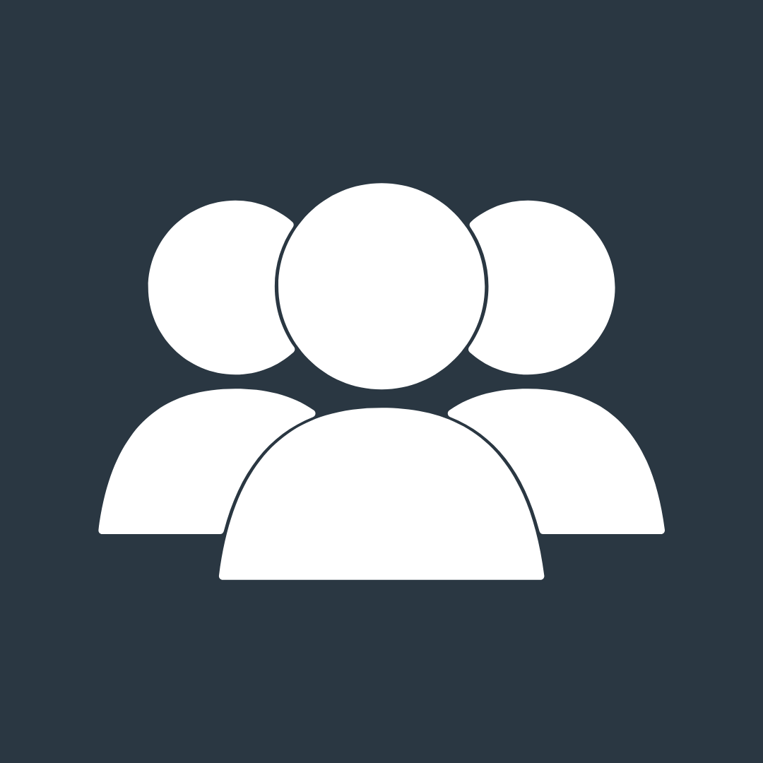 Icon of a group of four people represented by white simplified human figures on a dark background.