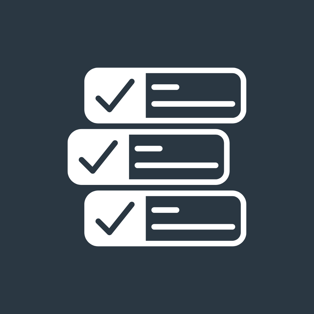 Icon of three checklists with check marks on a dark background.