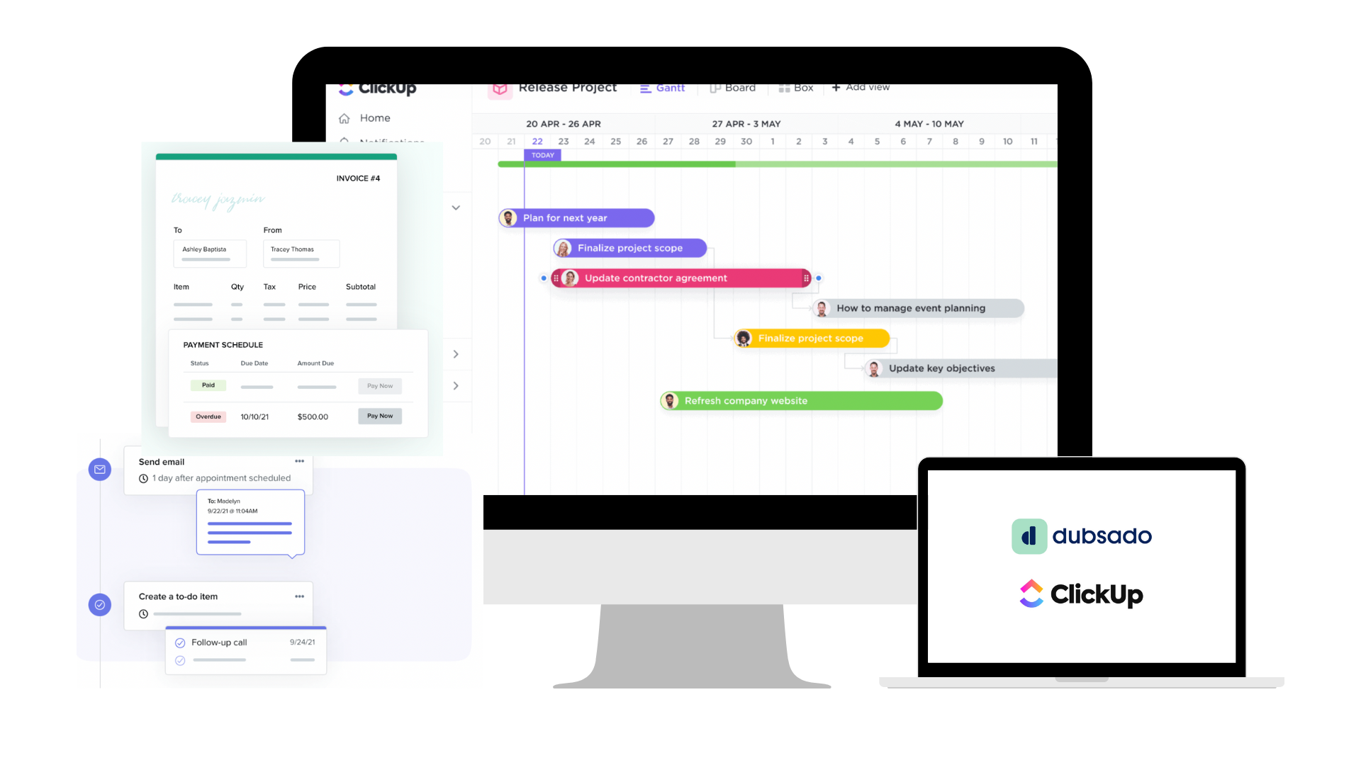Computer screen displaying a project management timeline with tasks in different colors, an invoice with payment details, and a schedule with emails and to-do items, alongside logos for Dubzado and ClickUp.