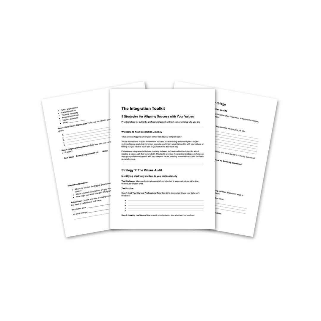 Three printed documents titled "The Integration Toolkit" and "5 Strategies for Aligning Success with Your Values."