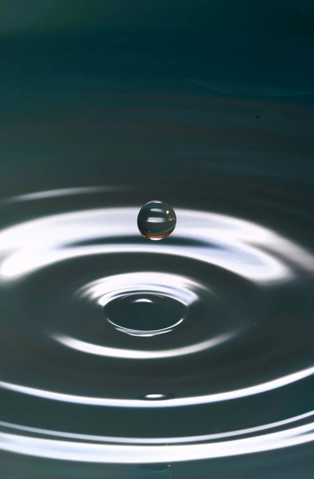 Close-up of a water droplet creating ripples on the surface of still water.