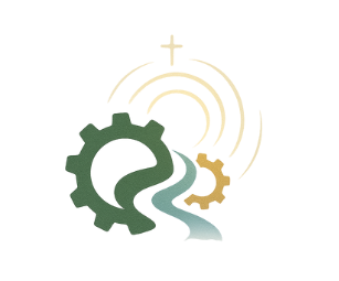 A green gear with a clock face, a stylized river running through it, a small bear, a spiral, and a cross on top of the gear.