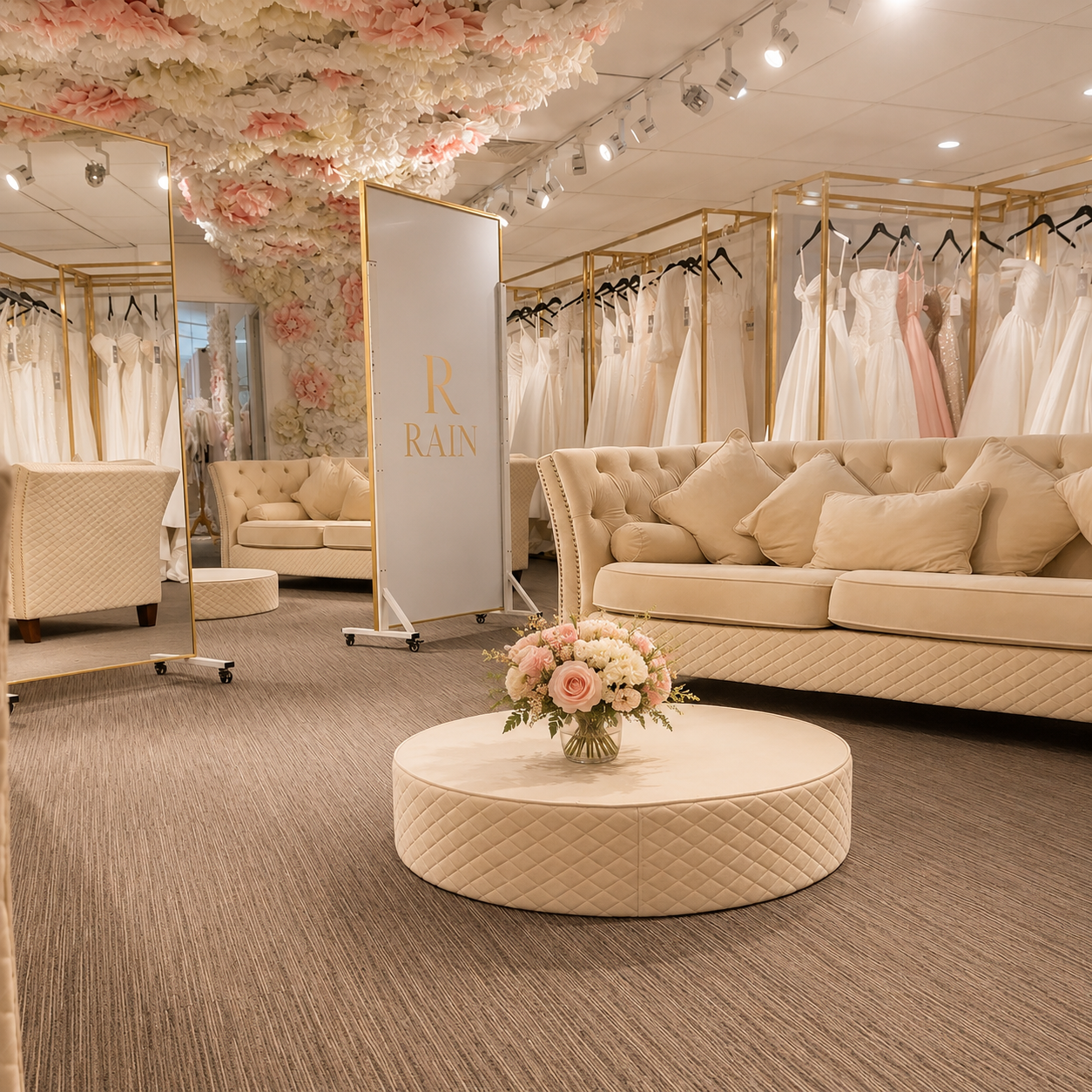An elegant bridal boutique decorated with soft pink and white flowers on the ceiling, beige fashionable sofas with cushions, and a clothing rack with wedding dresses. There is a round table with a pink flower bouquet in the center and a sign that reads 'Rain'.