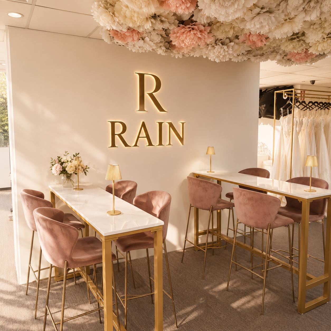 Elegant bridal shop interior with pink velvet chairs, gold accents, floral decor, and wedding dresses on a rack, with a sign that reads 'R RAIN' on the wall.