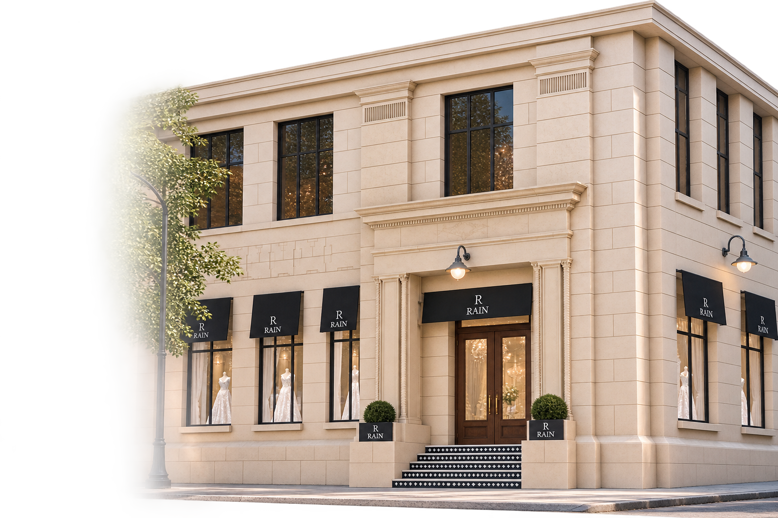 Elegant beige building with black awnings labeled 'R RAIN', large windows with mannequins in wedding dresses, entrance with wooden doors, steps with black and white pattern, and black wall-mounted lamps