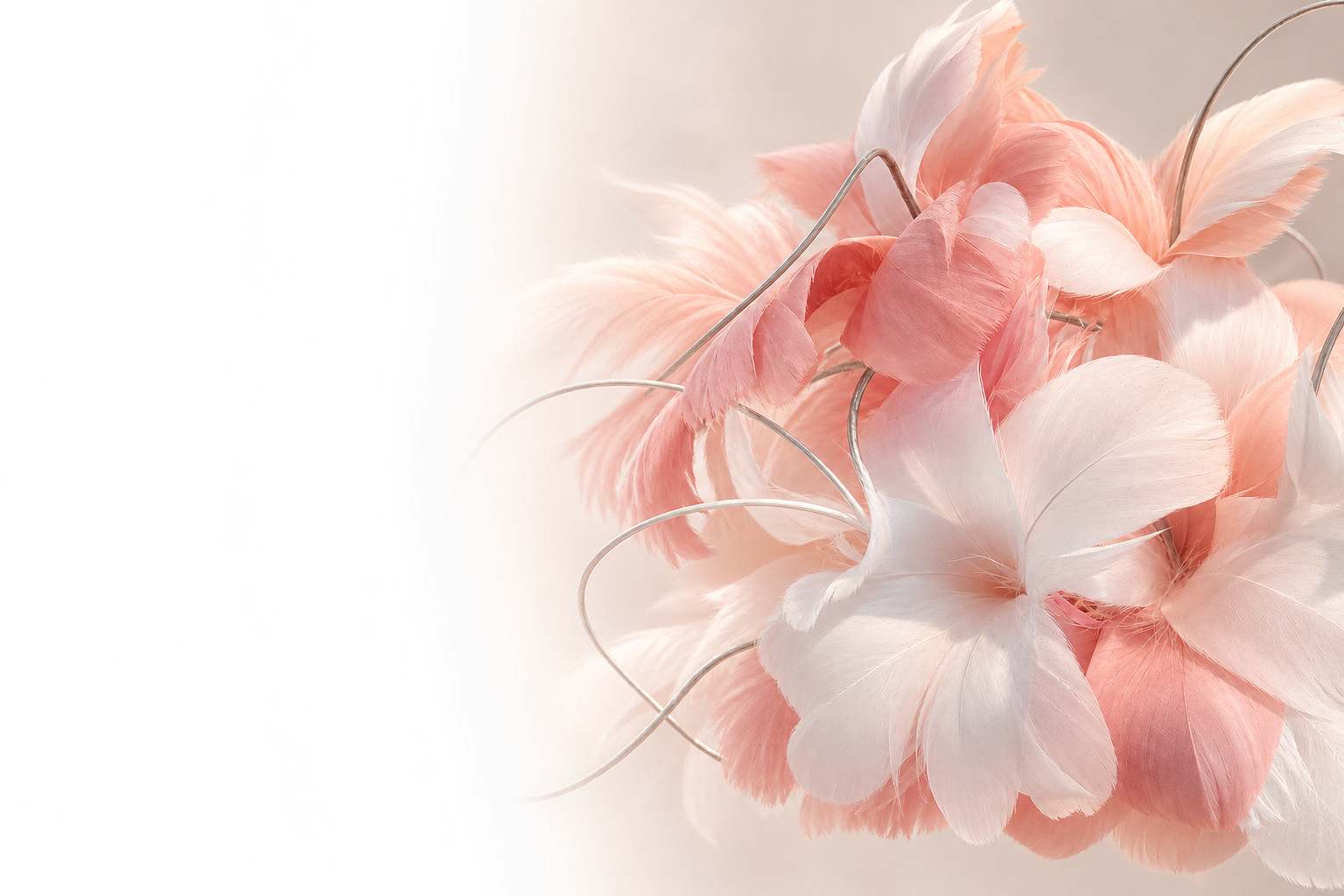 Close-up of a bouquet of soft pink and white feathers, arranged artistically with some curled metal wires.