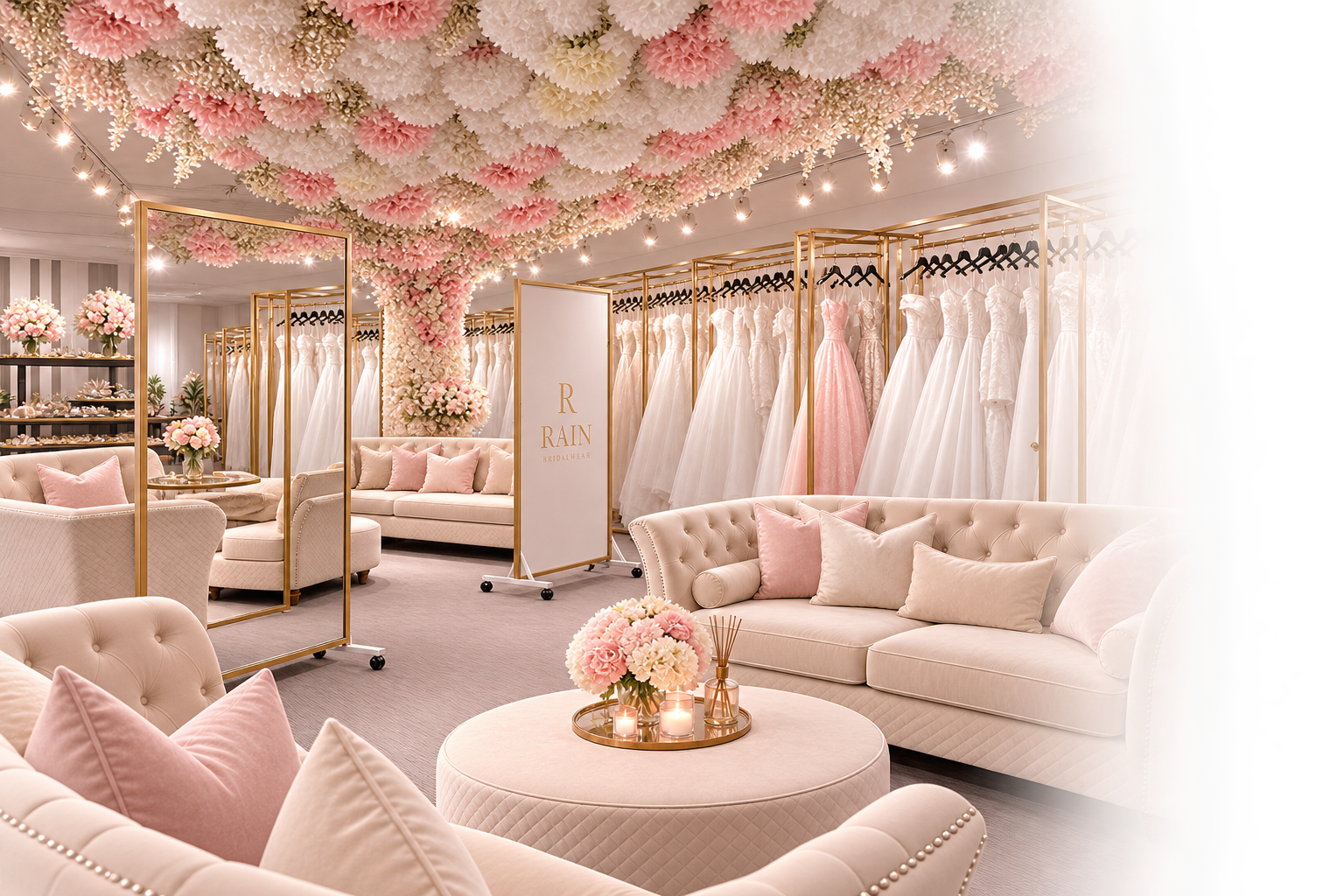 Elegant bridal boutique with pink and white floral ceiling decoration, plush pink and white sofas and armchairs, a round coffee table with pink flowers and candles, and a display of wedding dresses on gold racks.