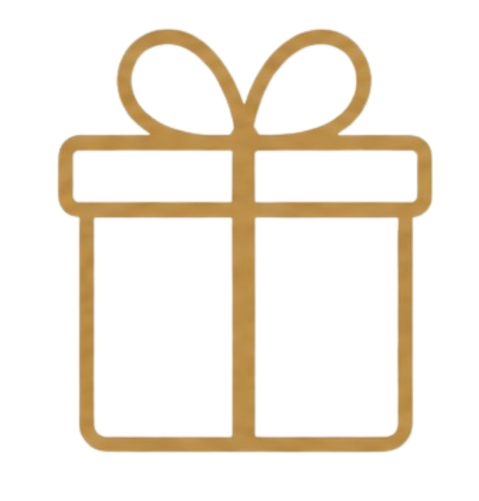 A gift box icon with a gold outline, a ribbon on top, and a blank space inside for a message or label.