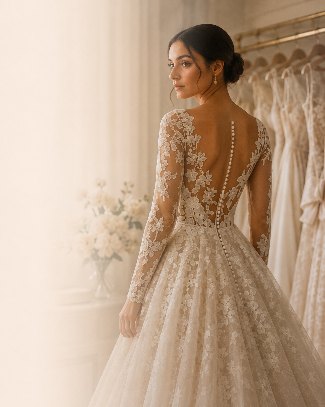 A woman in a wedding dress with lace floral embroidery, long sleeves, and a deep open back with buttons, standing in a bridal boutique.