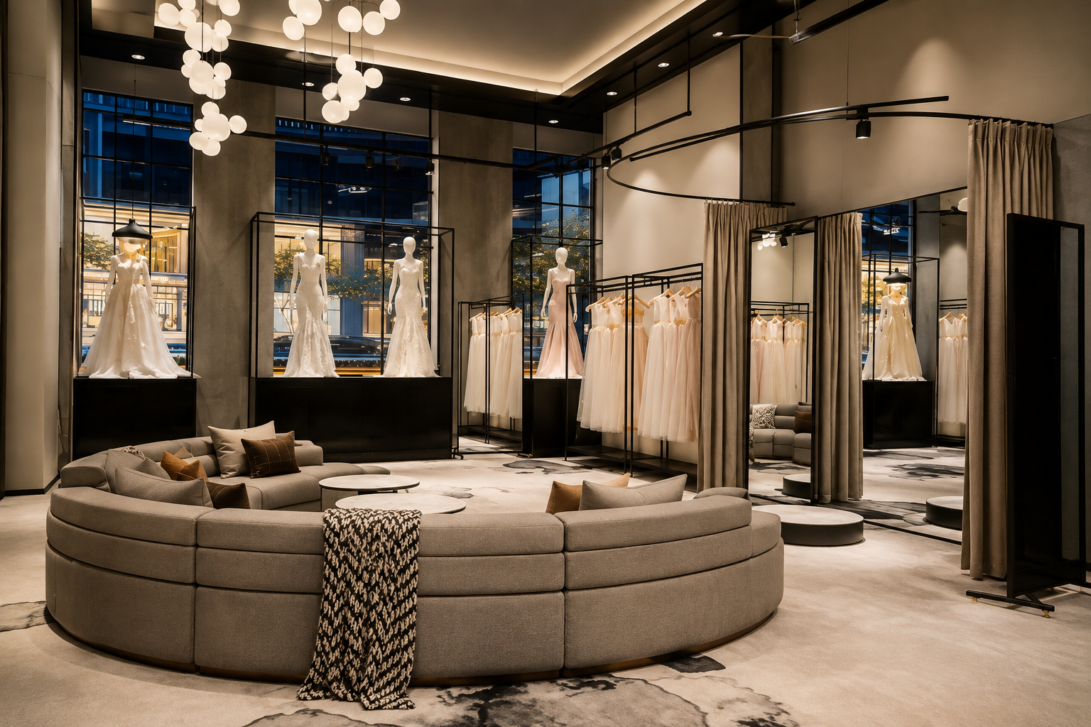 Elegant bridal boutique interior with mannequins displaying wedding dresses, clothing racks with more dresses, a circular gray sofa with pillows, and large windows with curtains.