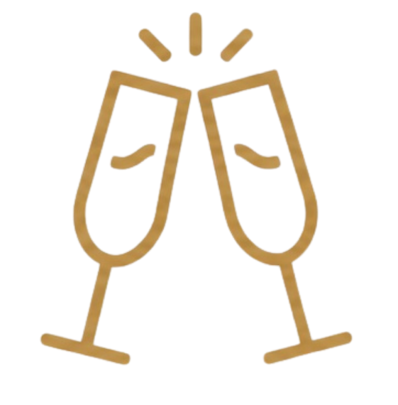 A wooden outline of two champagne glasses clinking together in a celebratory toast.
