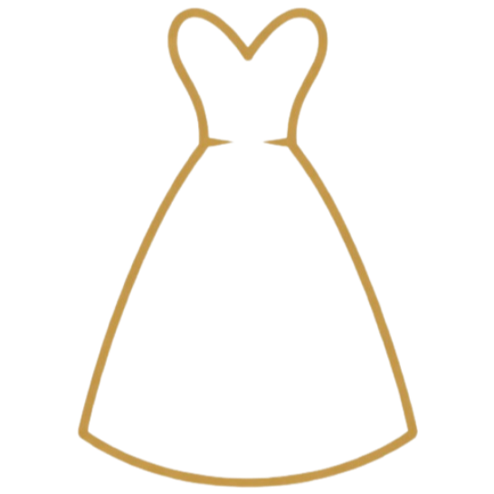 Outline of a dress with a heart-shaped neckline in gold color against a black background.